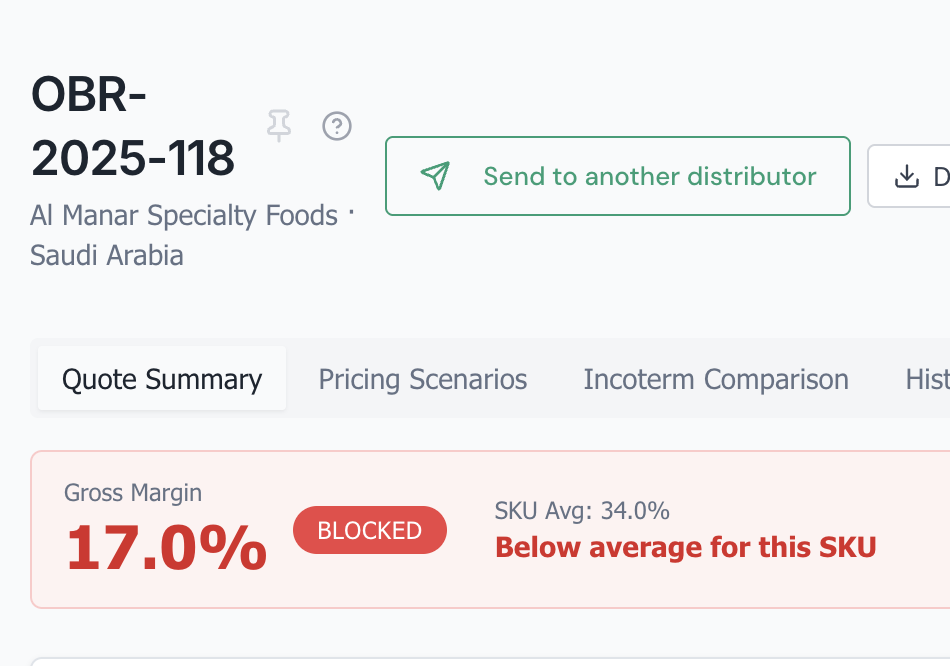 XportStack quote screen showing a quote blocked because the true margin fell below the floor